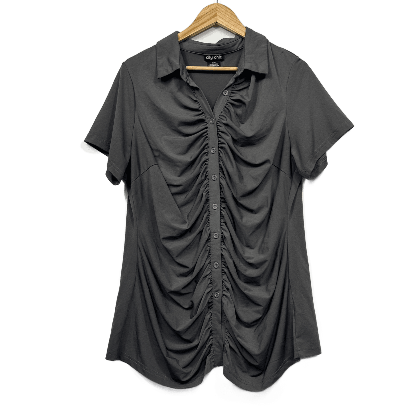 City Chic Womens Grey Short Sleeve Collared Button up Ruched Top - Size 16