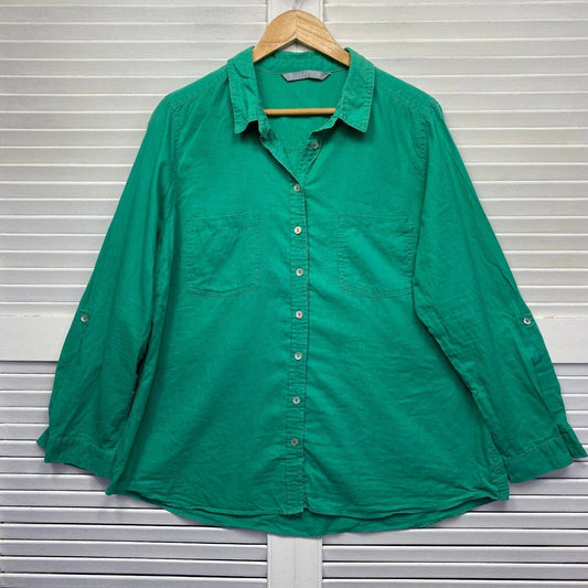 Katies Linen Top Size 16 Plus Green Long Sleeve Roll Tab Sleeves