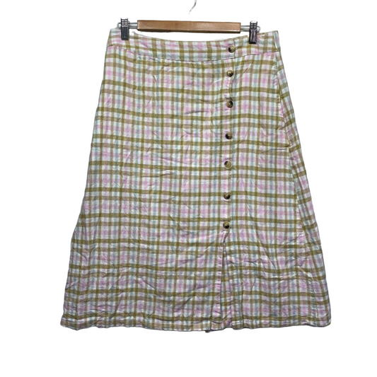 & Me Skirt Size 16 Multicoloured Check Midi Length Linen Blend