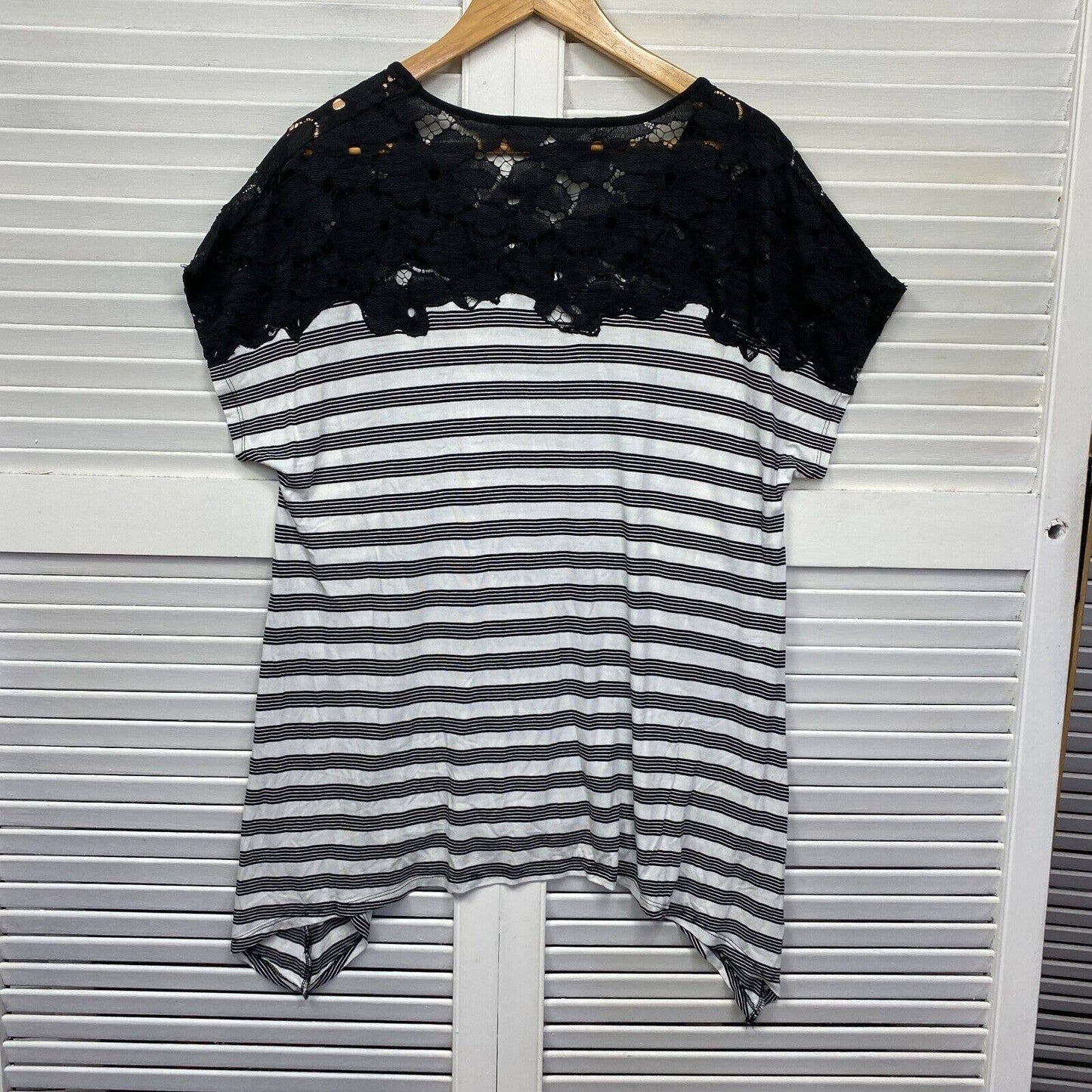 Virtuelle Top  Small 16 Plus Black White Striped Lace Trim Viscose Preloved