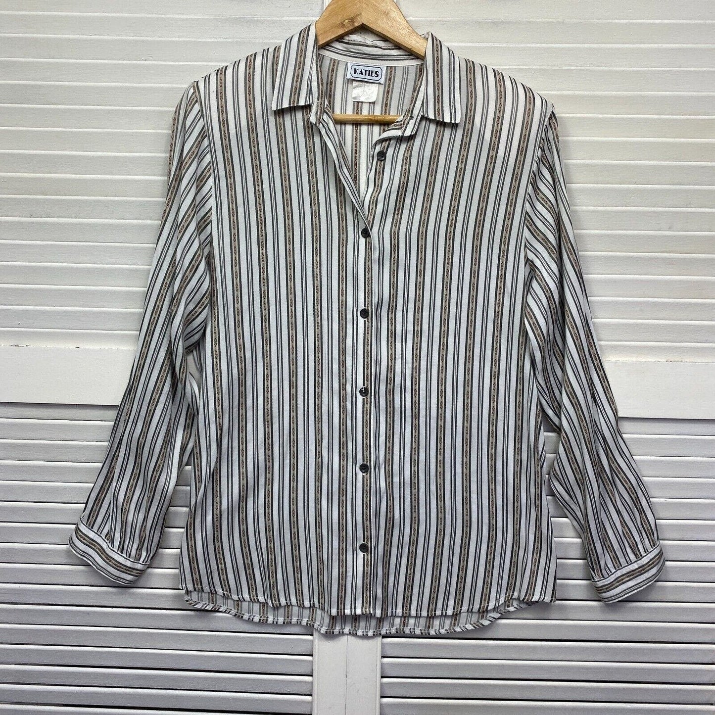 Vintage Katies Top Womens 14 Striped White Button Up Cottage Made in Australia