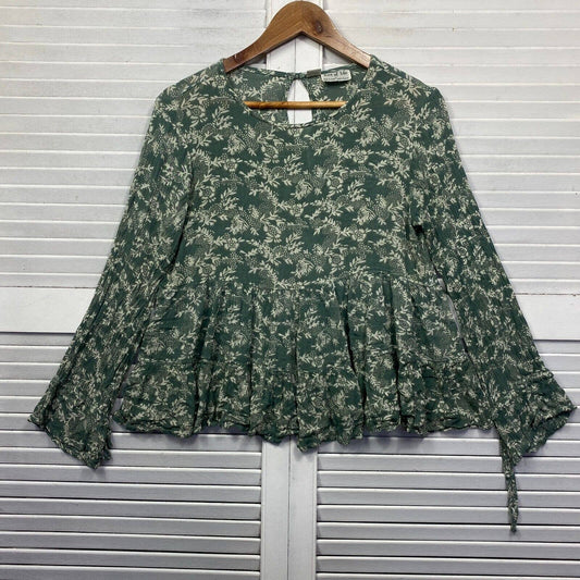 Tree of Life Top Womens Size 16 Green Floral Long Sleeve Rayon Smock Boho