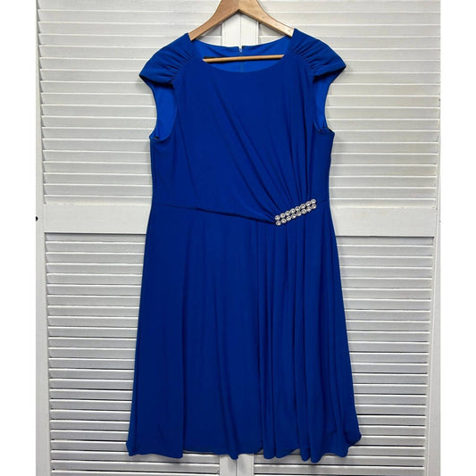 Laura K Dress Womens 16 Blue Cap Short Sleeve Gathered Waist Midi Evening