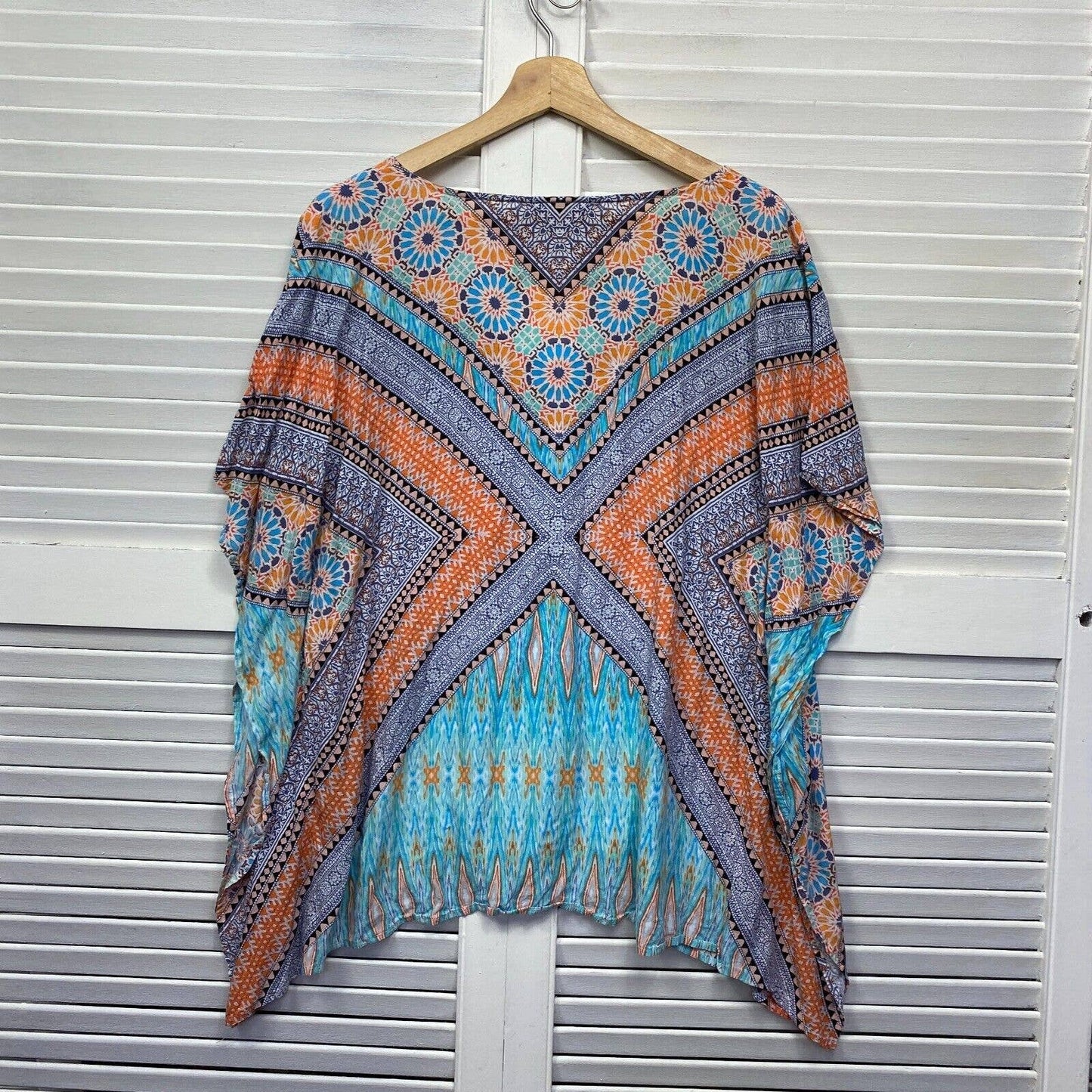 Rockmans Kaftan Top Size Large XL Plus Multicoloured Short Sleeve Viscose