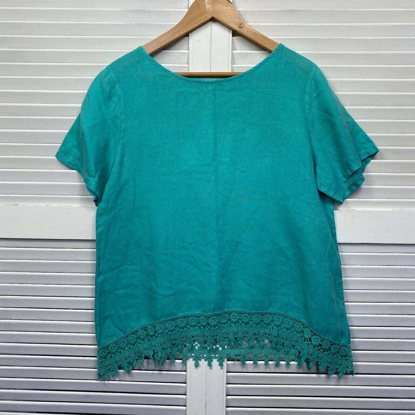 Terzo Millennio Made in Italy Linen Top Size 14 Large Green Crochet Edge