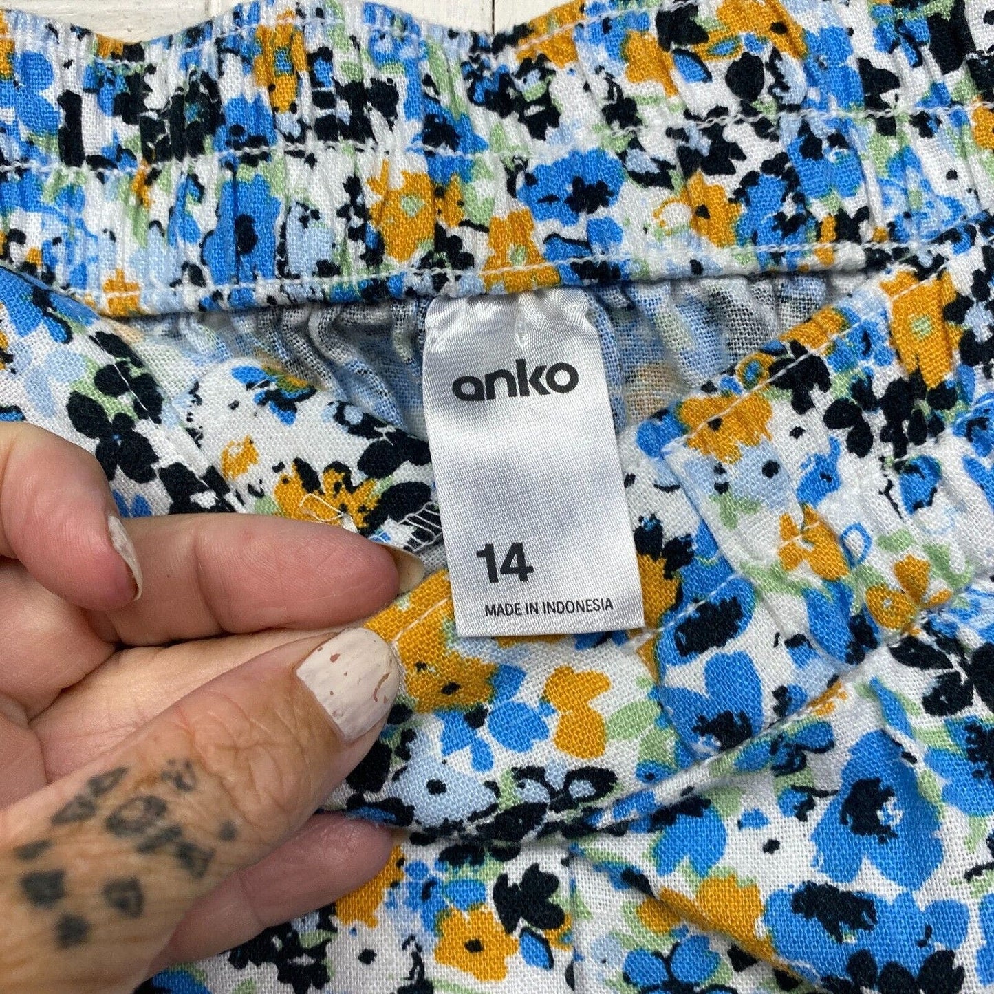 Anko Skirt Size 14 Blue Floral Elastic Waist Mini Short Linen Blend Preloved