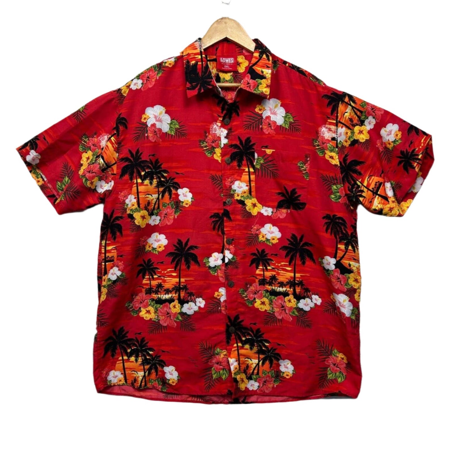 Lowes Hawaiian Shirt Mens 2XL Red Short Sleeve Floral Tropical Holiday Loud