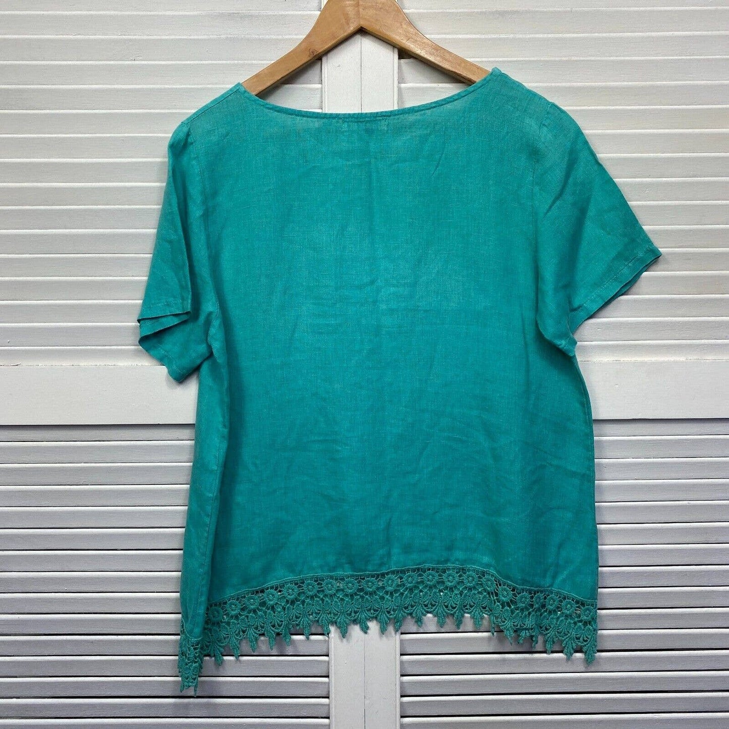 Terzo Millennio Made in Italy Linen Top Size 14 Large Green Crochet Edge