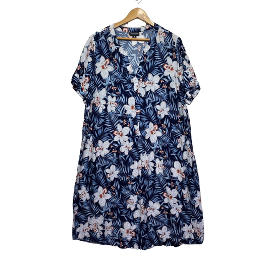 Autograph Maxi Dress 18 Plus Blue Floral Shift Short Sleeve Cotton Preloved