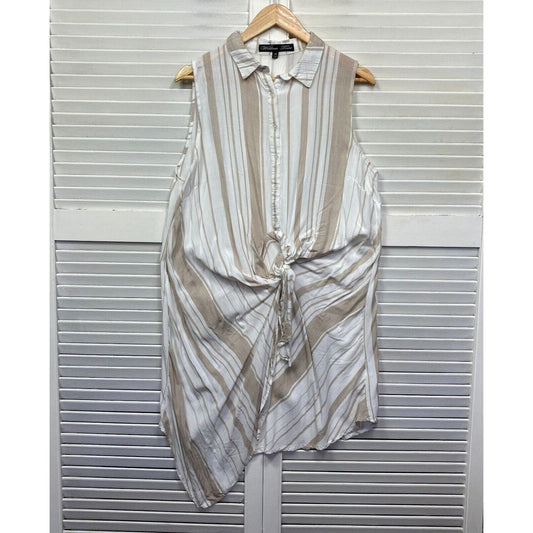 Willow Tree Top Size 16 White Sleeveless Button Up Linen Blend Striped Preloved