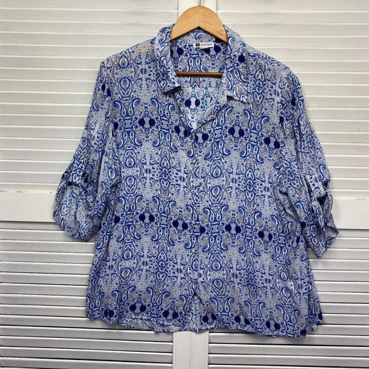 Rockmans Top 20 Plus Blue Roll Tab Sleeve Button Up Paisley Print Preloved