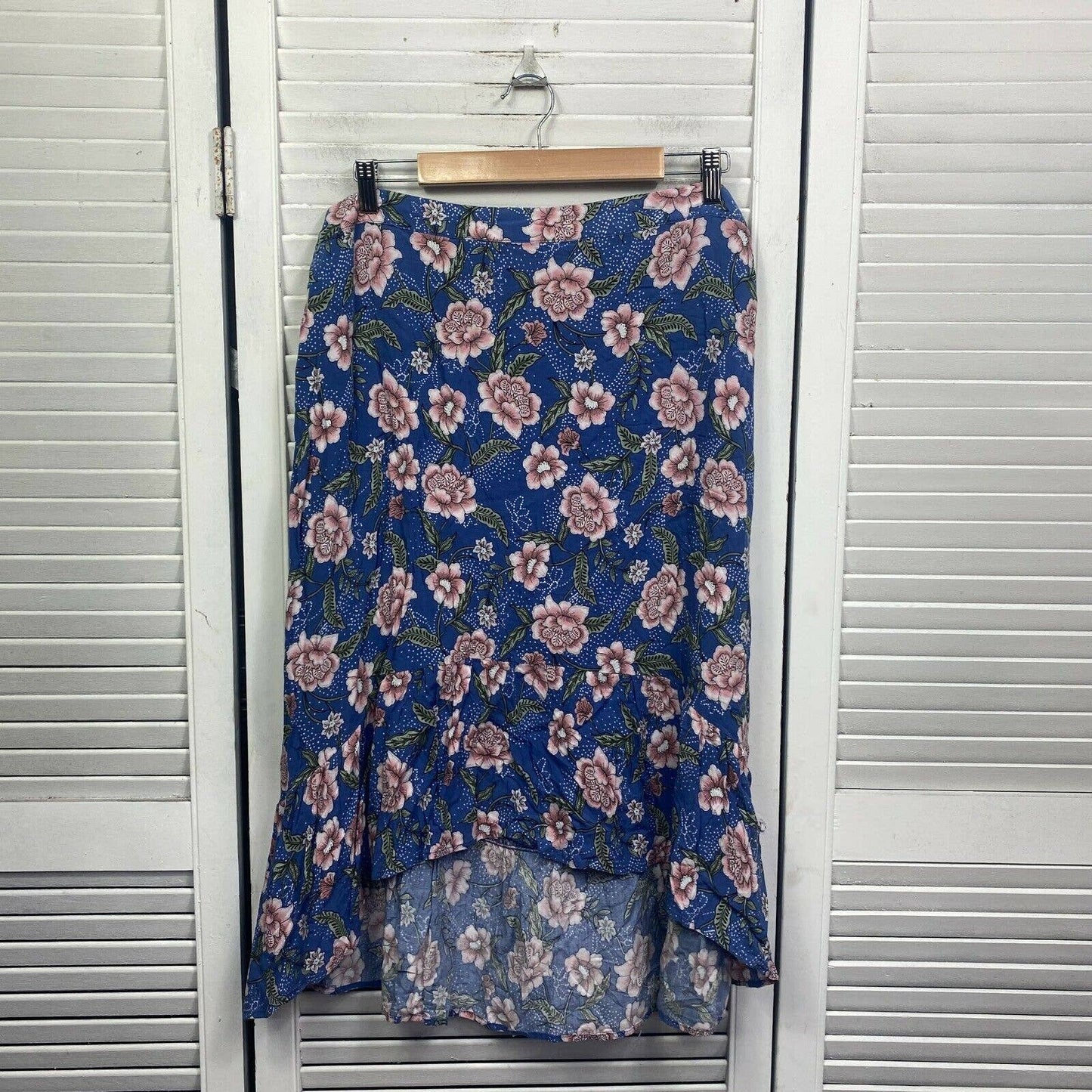 Katies Skirt Women 18 Plus Blue Side Zip Closure Floral Tiered Hi Low Hem