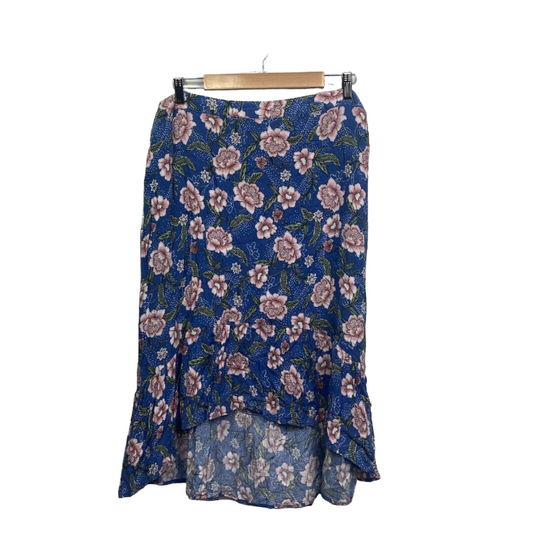 Katies Skirt Women 18 Plus Blue Side Zip Closure Floral Tiered Hi Low Hem