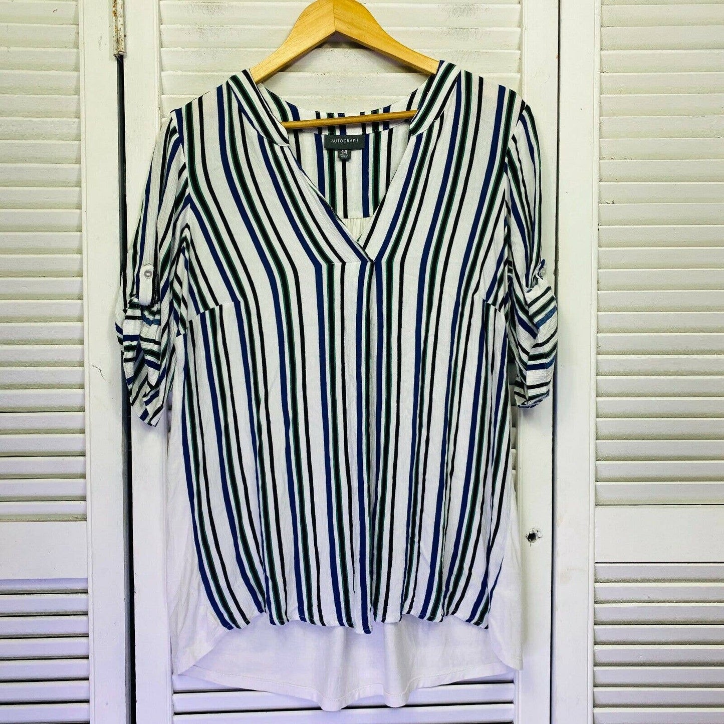 Autograph Top Women 14 White Roll Tab Sleeve V Neck Striped Front Plus Size