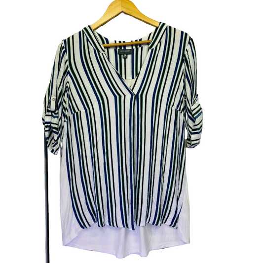 Autograph Top Women 14 White Roll Tab Sleeve V Neck Striped Front Plus Size