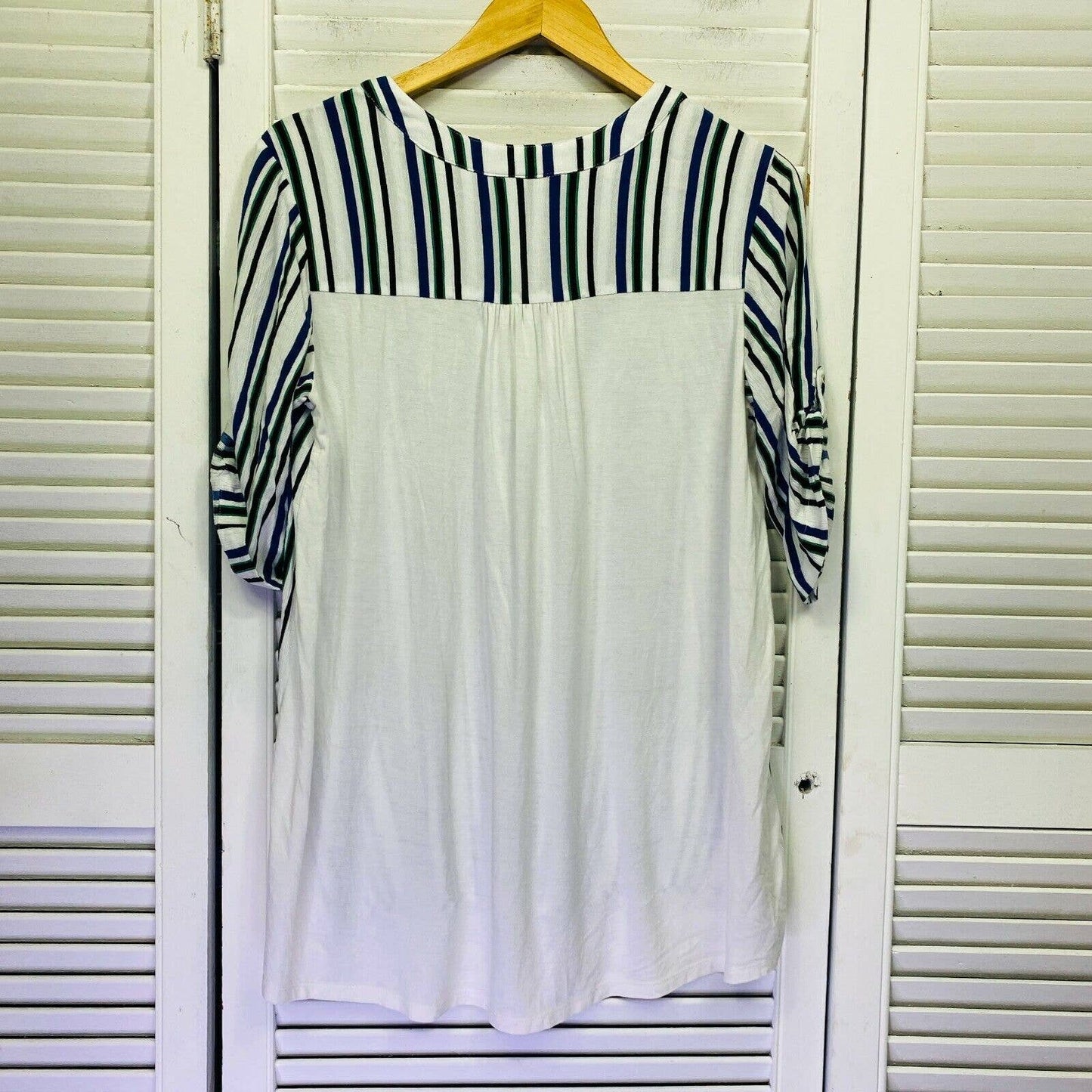 Autograph Top Women 14 White Roll Tab Sleeve V Neck Striped Front Plus Size