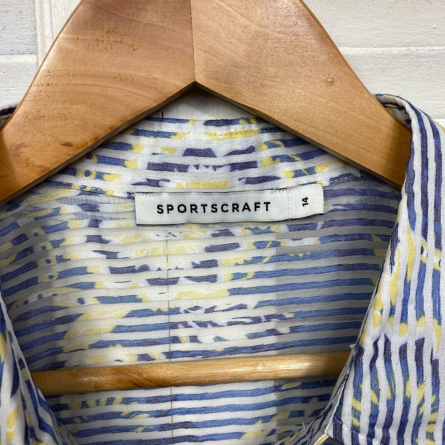 Sportscraft Shirt Top Size 14 Blue White Striped Floral Button Up Long Sleeve