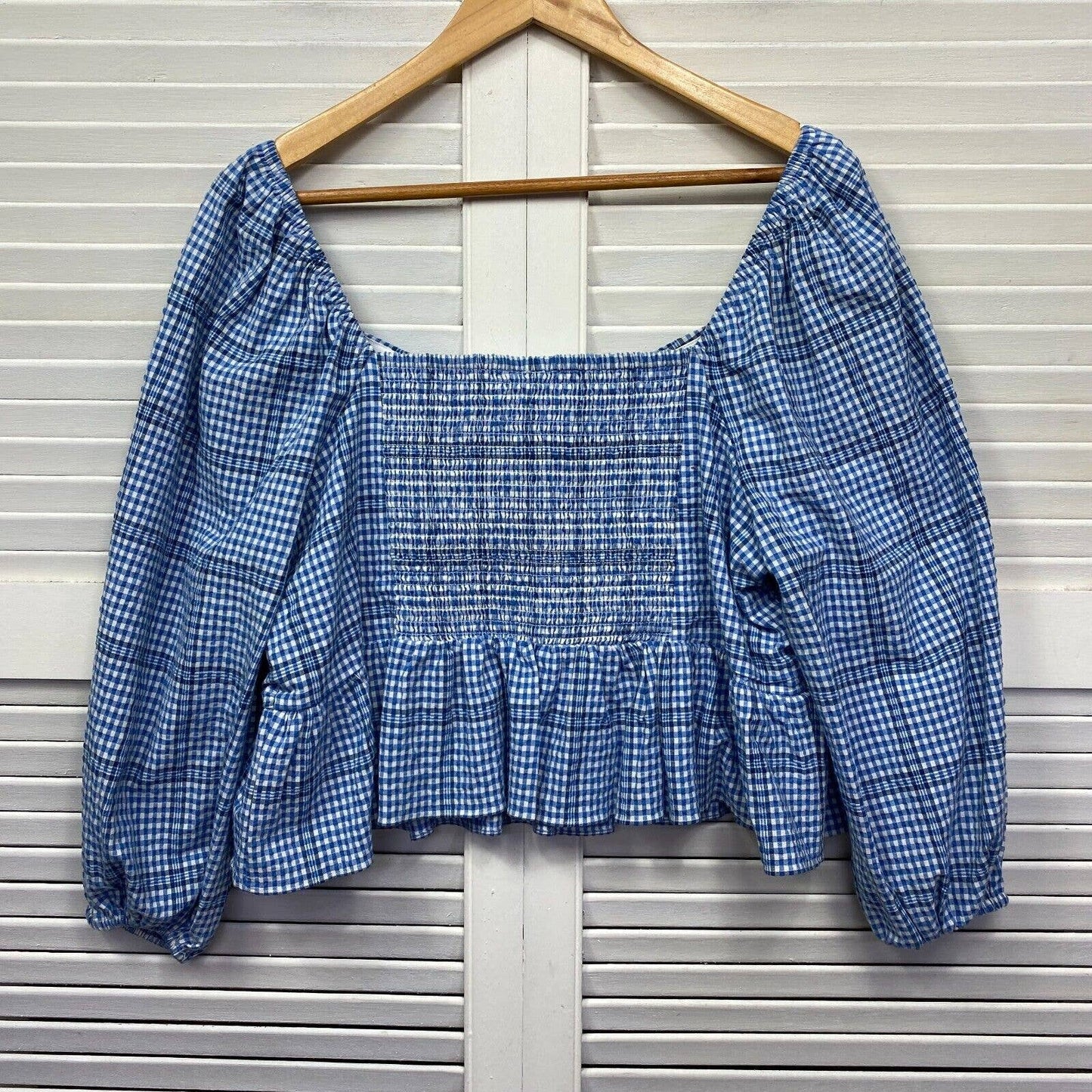 Forever New Curve Top Womens 18 Plus Blue Gingham Check Crop Oversized Sleeve Preloved