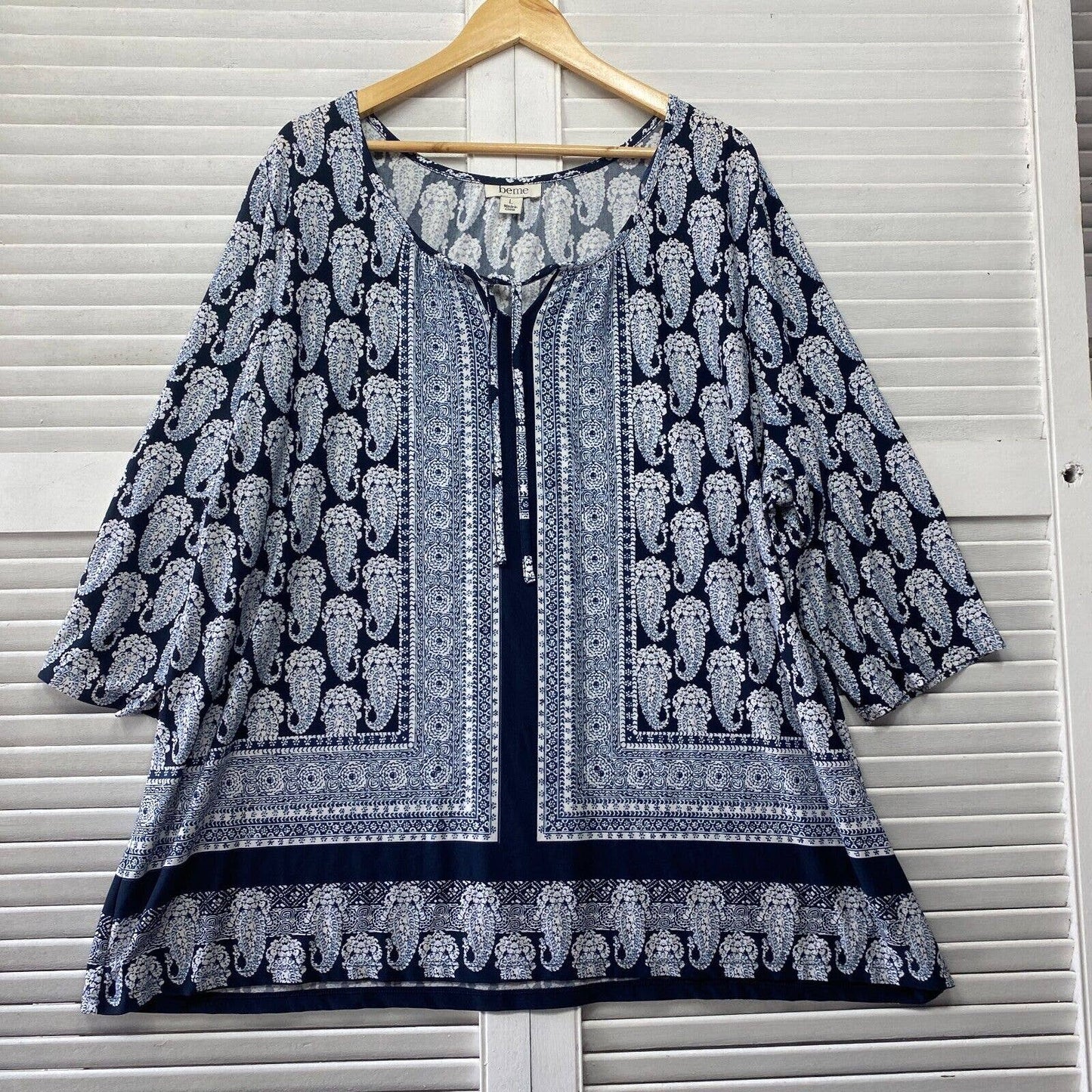 beme Top Blouse Womens Plus 20 Large Blue White Paisley Print Long Sleeve Tunic