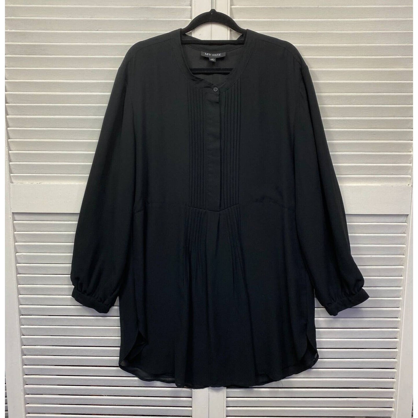 My Size Top Womens XS 14 Plus Size Black Button Up Long Sleeve Pleated