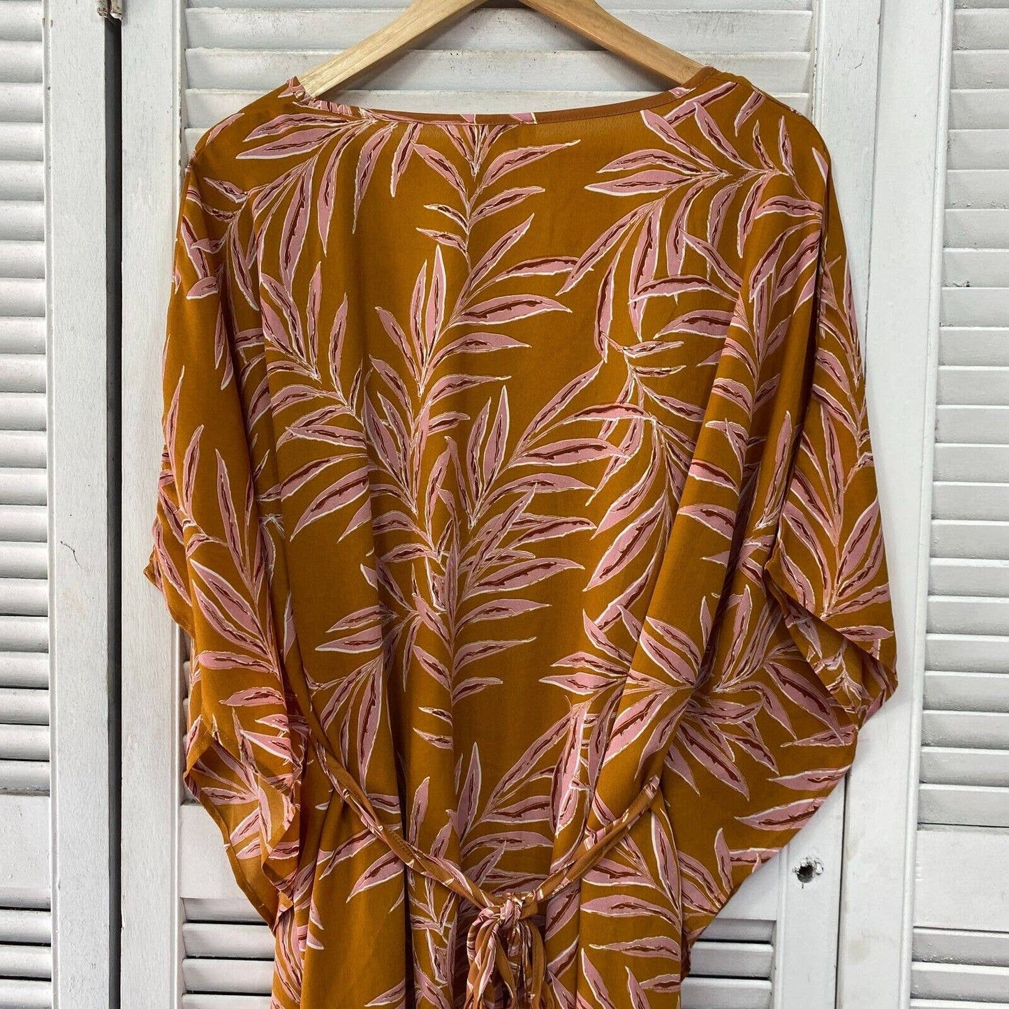 beme Top Blouse Womens Plus 16 18 Floral Leaf Mustard Pink Back Tie Kaftan