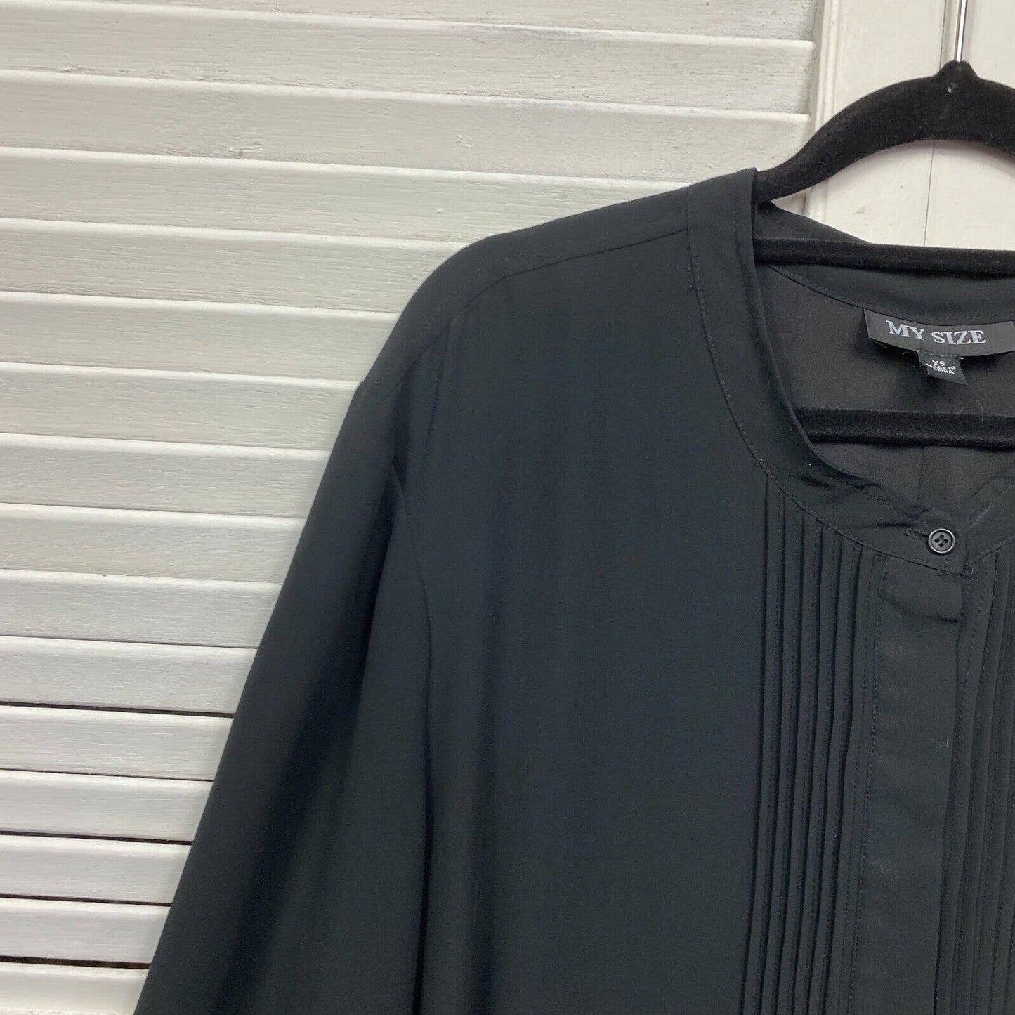 My Size Top Womens XS 14 Plus Size Black Button Up Long Sleeve Pleated