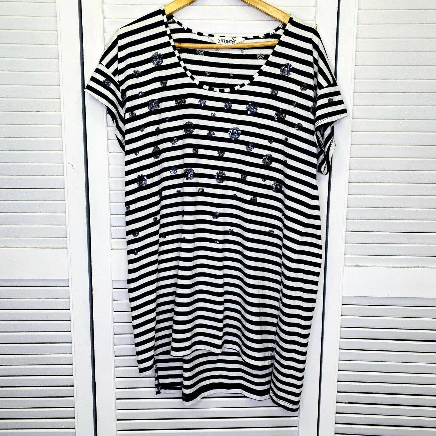 Virtuelle Top 14 Plus Size Tunic Navy White Striped 100% Cotton Longline Sequins