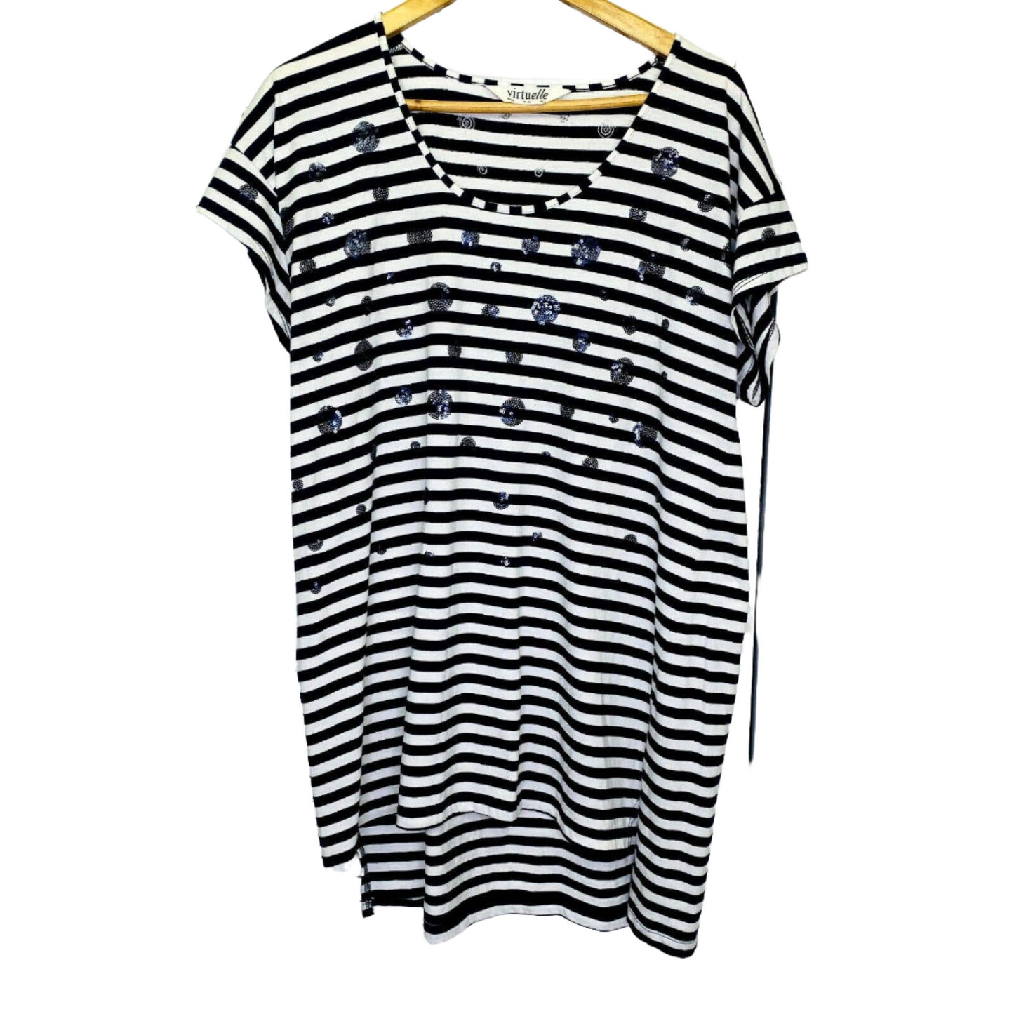 Virtuelle Top 14 Plus Size Tunic Navy White Striped 100% Cotton Longline Sequins