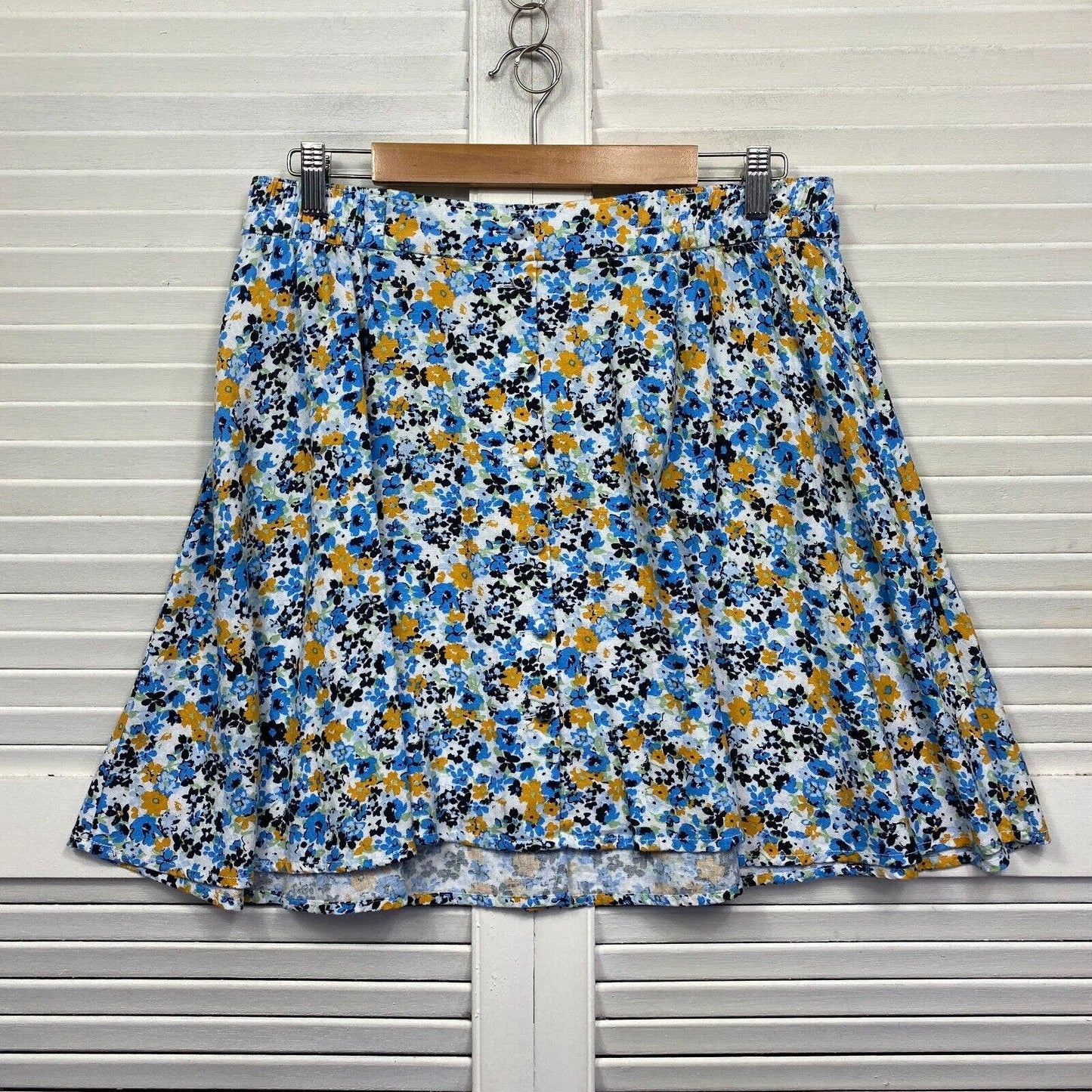 Anko Skirt Size 14 Blue Floral Elastic Waist Mini Short Linen Blend Preloved