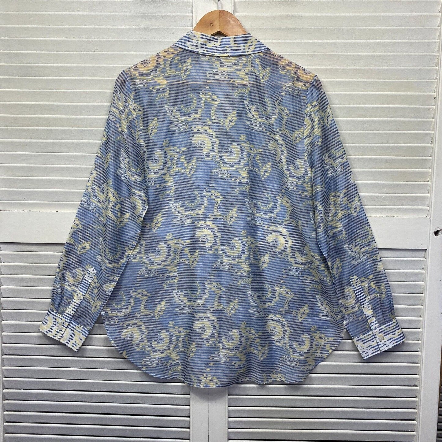 Sportscraft Shirt Top Size 14 Blue White Striped Floral Button Up Long Sleeve