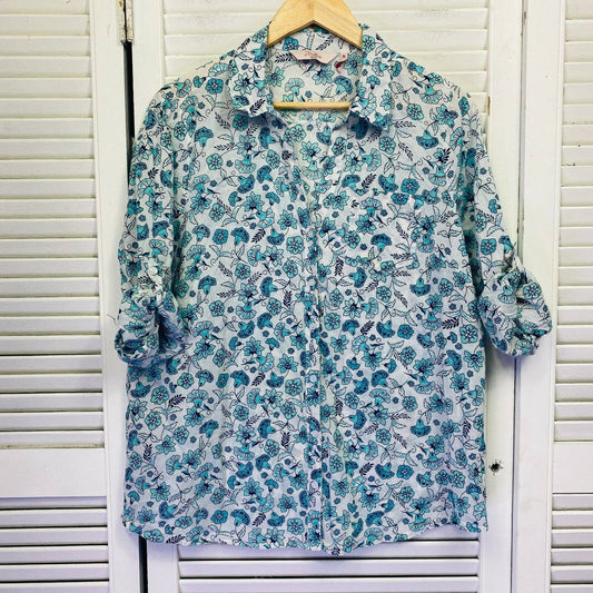 Millers Top Plus Size 16 Blue White Roll Tab Sleeve Collared 100% Cotton Floral