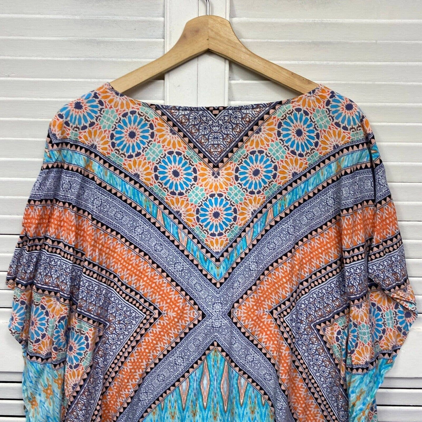 Rockmans Kaftan Top Size Large XL Plus Multicoloured Short Sleeve Viscose