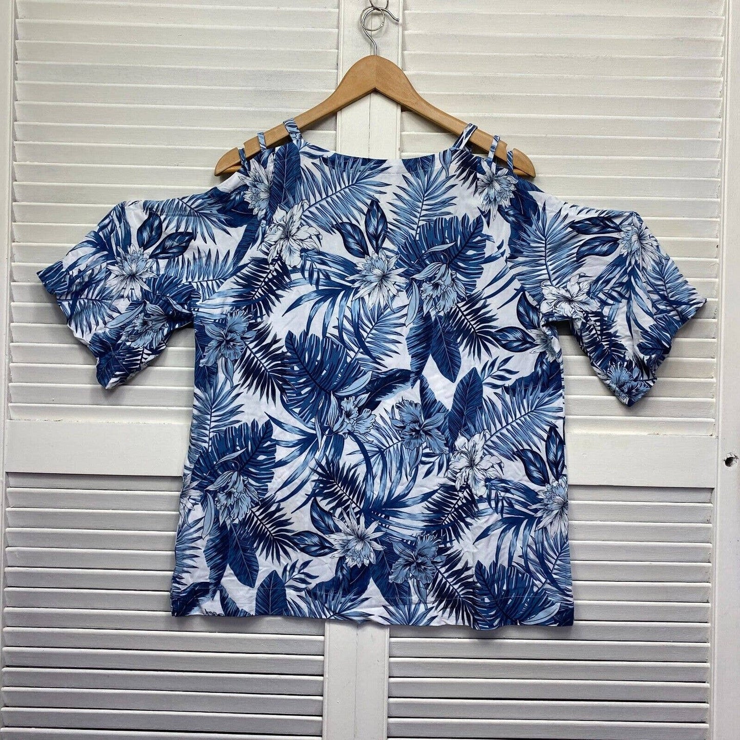 Katies Top Womens 16 Plus Blue Floral Leaf Cold Shoulder Sleeve Viscose