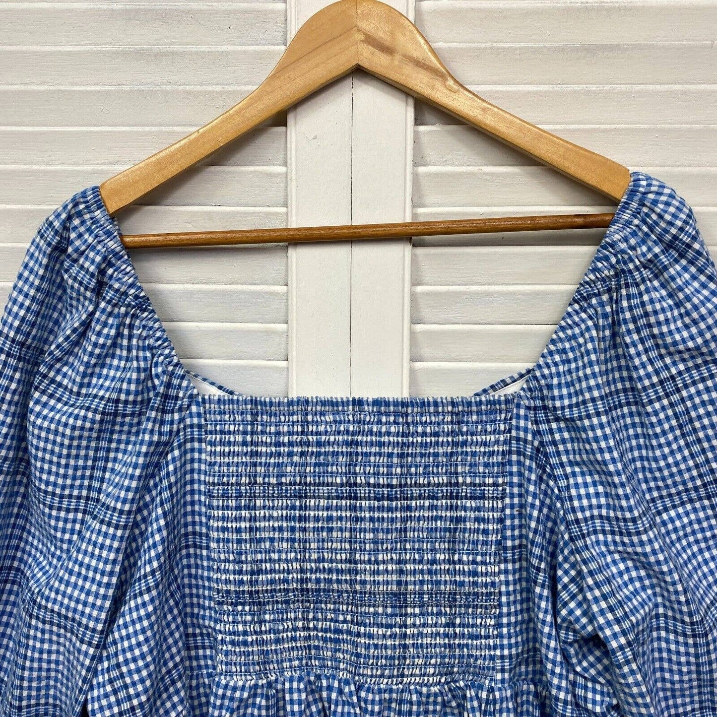 Forever New Curve Top Womens 18 Plus Blue Gingham Check Crop Oversized Sleeve Preloved