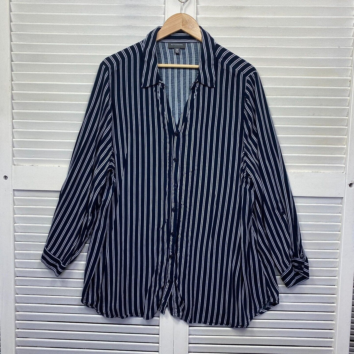 Autograph Top Shirt 20 Plus Blue Navy Striped Long Sleeve Button Up Preloved