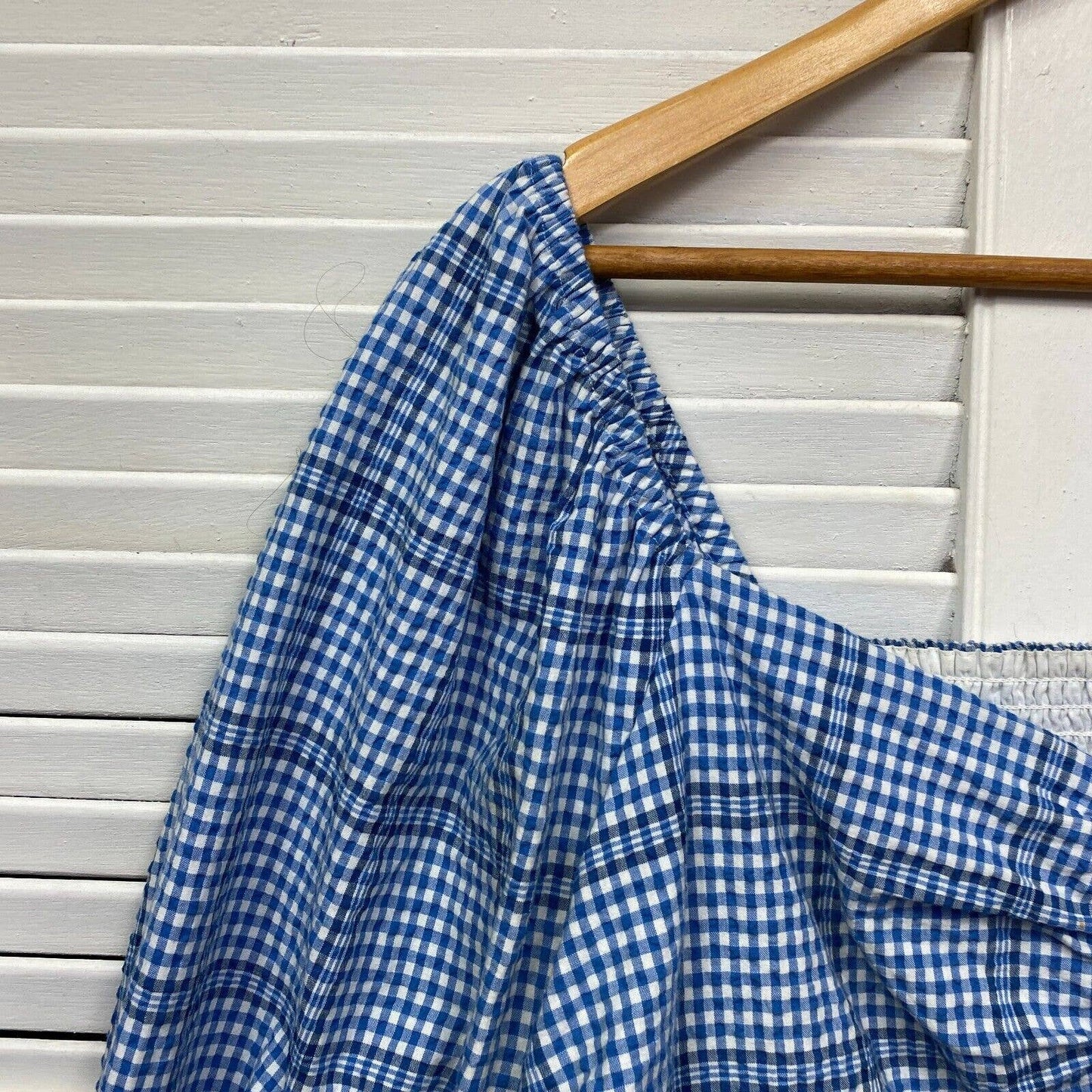 Forever New Curve Top Womens 18 Plus Blue Gingham Check Crop Oversized Sleeve Preloved