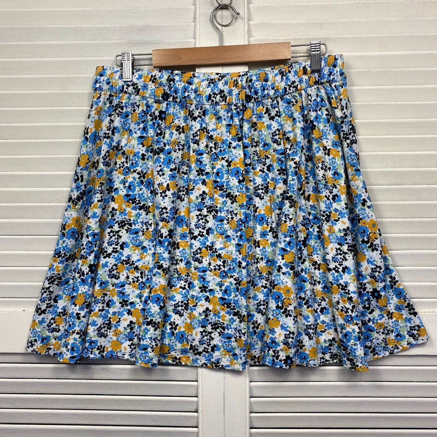 Anko Skirt Size 14 Blue Floral Elastic Waist Mini Short Linen Blend Preloved