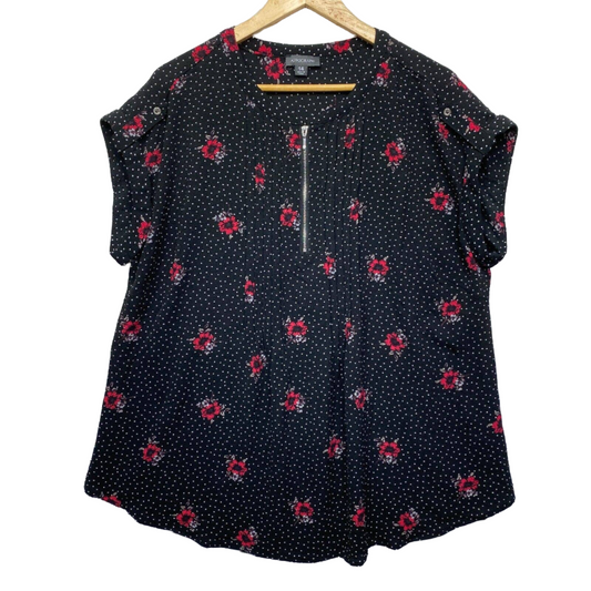 Autograph Top Womens 14 Plus Black Short Sleeve Floral Pleated Ladies Casual