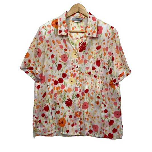 Vintage Leesa Fashion Top Womens 14 Button Up Floral Poppies Tulips Cottagecore
