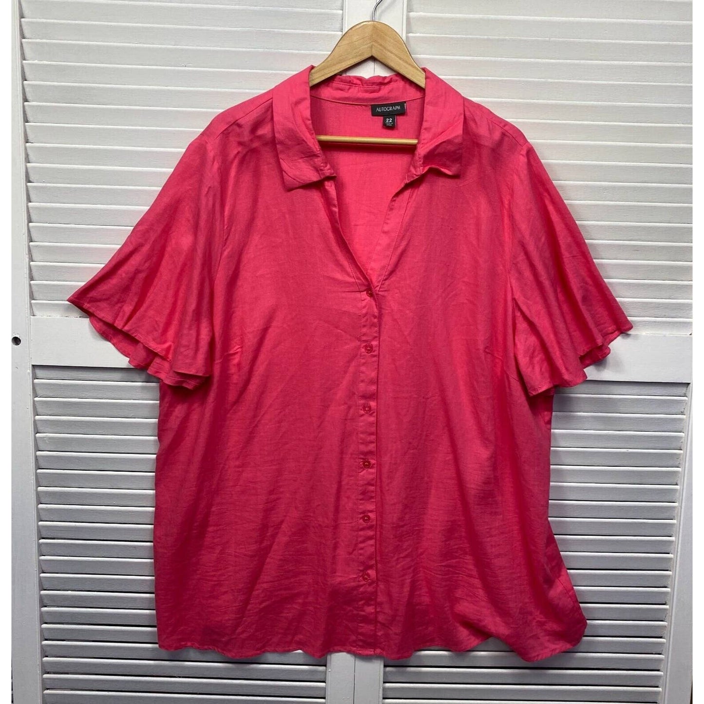 Autograph Top Womens 22 Pink Button Up Short Sleeve Linen Blend Plus Size