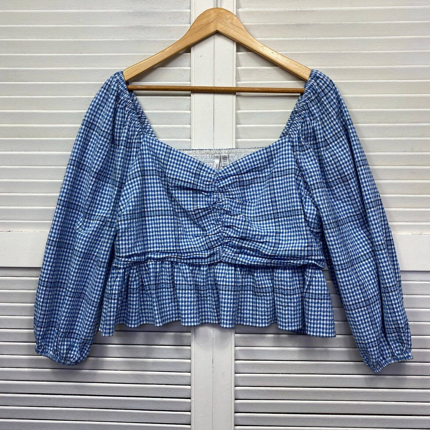 Forever New Curve Top Womens 18 Plus Blue Gingham Check Crop Oversized Sleeve Preloved