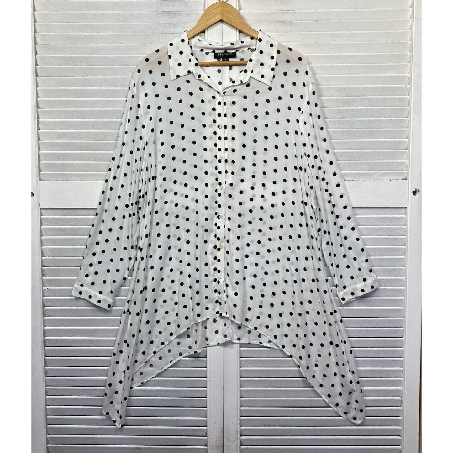 My Size Top Size 14 16 Plus White Black Dots Button Up Tunic Longline Preloved