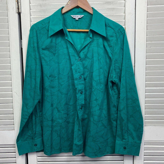 Noni B Top Womens 16 Plus Green Long Sleeve Button Up Collar Leaf Print Ladies