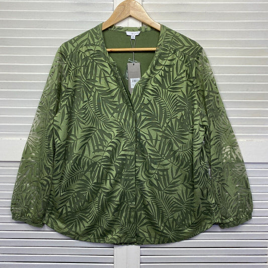 W Lane Top Size 2XL XXL Plus Long Sleeve Green Floral Sheer Overlay Lined New