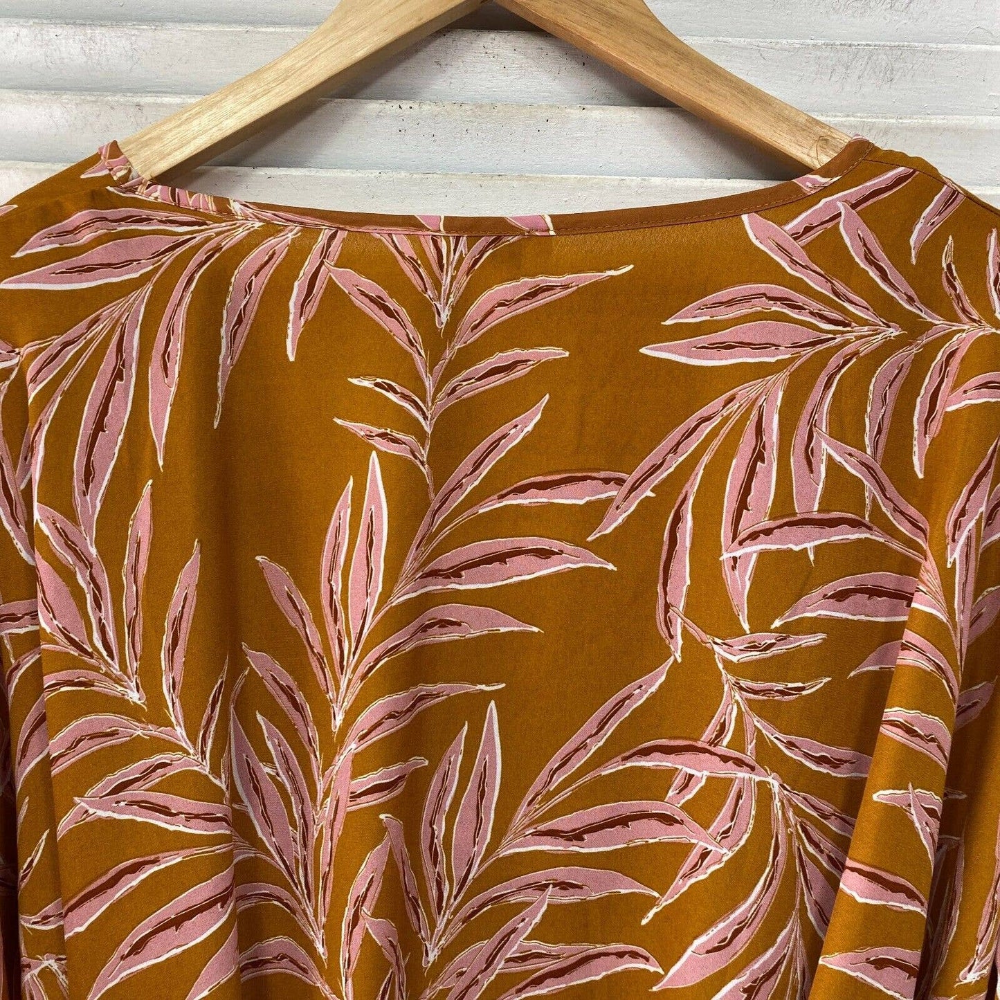 beme Top Blouse Womens Plus 16 18 Floral Leaf Mustard Pink Back Tie Kaftan