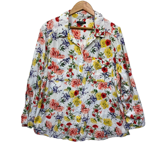 Belle Curve 18 Plus White Floral Long Sleeve Button Up Preloved