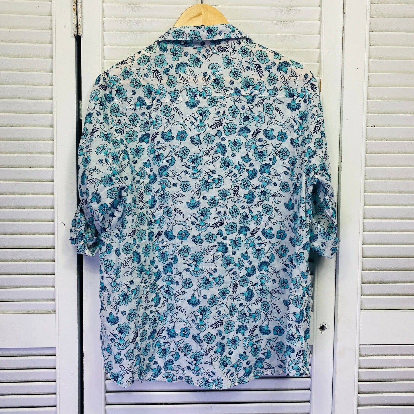 Millers Top Plus Size 16 Blue White Roll Tab Sleeve Collared 100% Cotton Floral