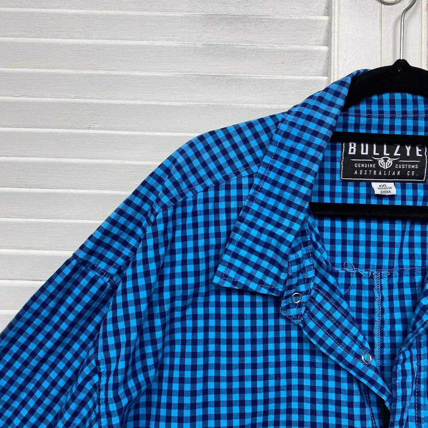 Bullzye Shirt Mens 4XL Plus Blue Short Sleeve Button Up Big & Tall Check