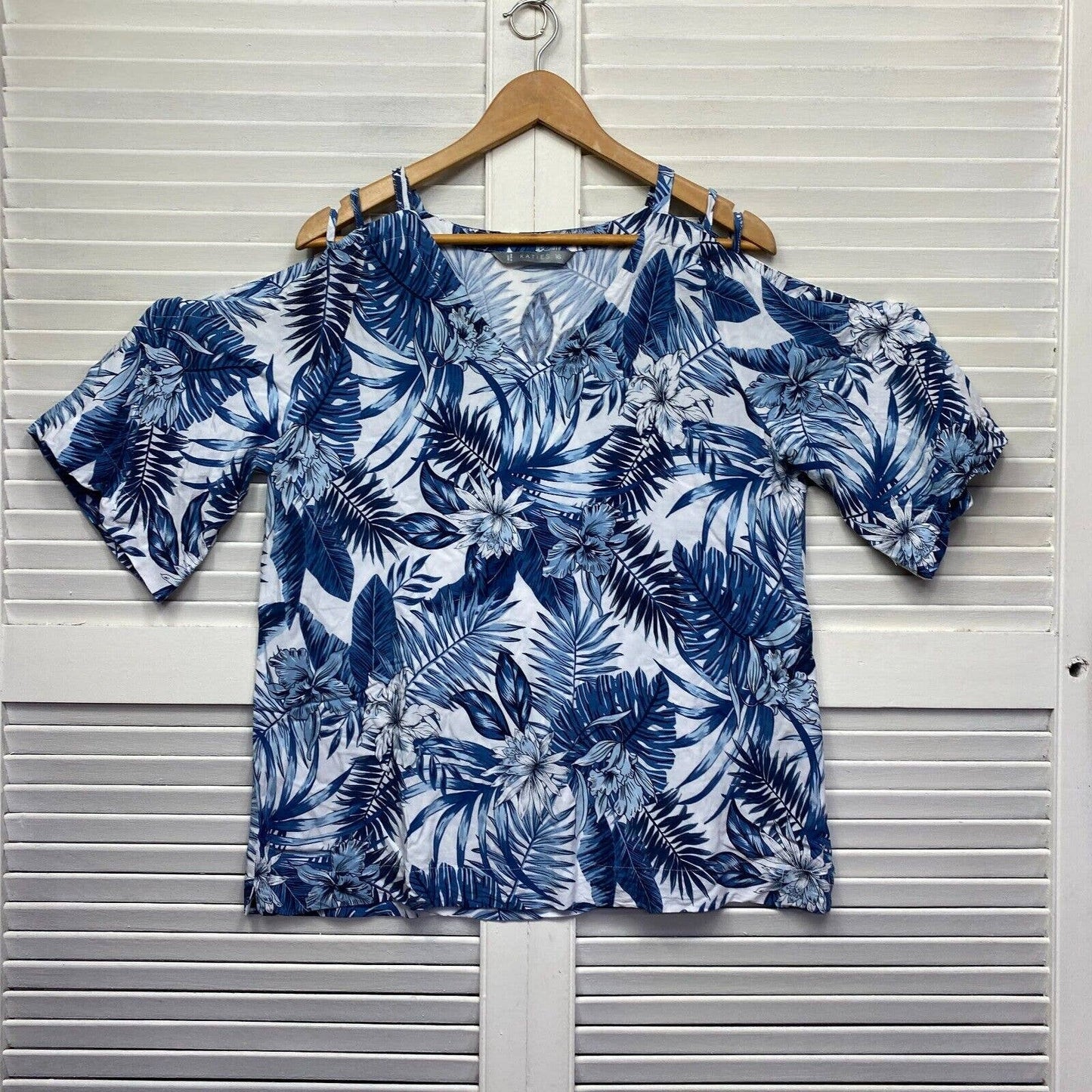 Katies Top Womens 16 Plus Blue Floral Leaf Cold Shoulder Sleeve Viscose