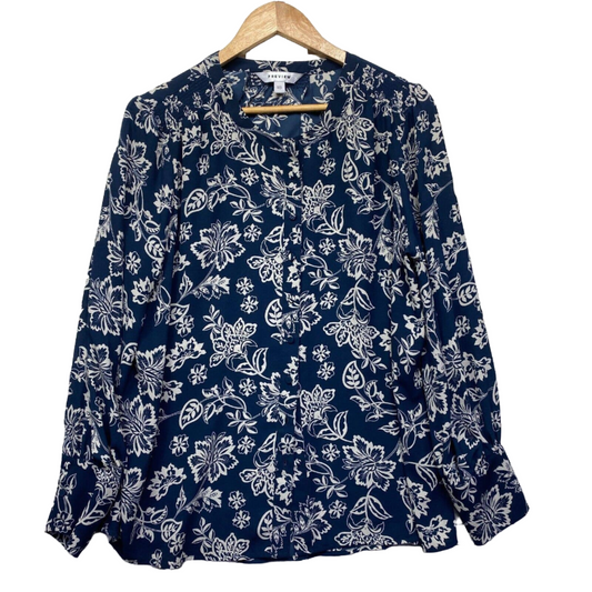 Preview Top Womens 18 Plus Size Navy White Button Up Long Sleeve Floral Business